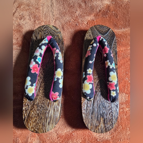 Floral Wooden Sandals with Black and Pink Straps - Picture 1 of 2